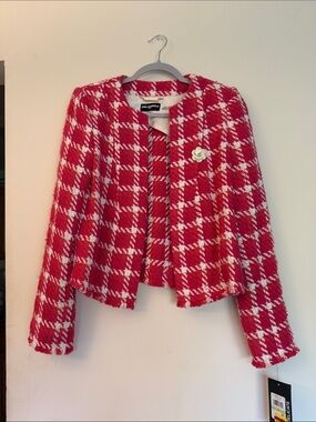 Karl Lagerfeld Pink & White Plaid Tweed Cropped Jacket